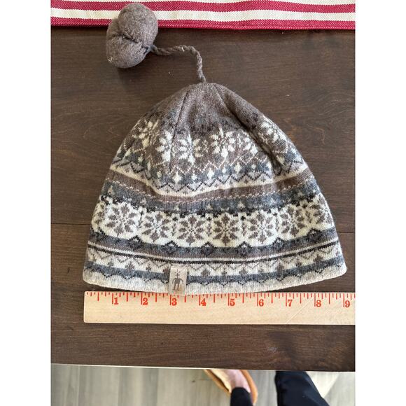 Smartwool 100% Merino Wool Fair isle Pattern Beanie Hat Beige Cream Gray - Picture 8 of 9